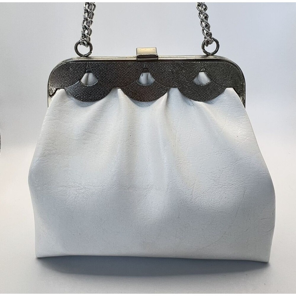 VTG White Silver Kiss Lock Clutch Chain Strap Bag Bridal Wedding Old Hollywood